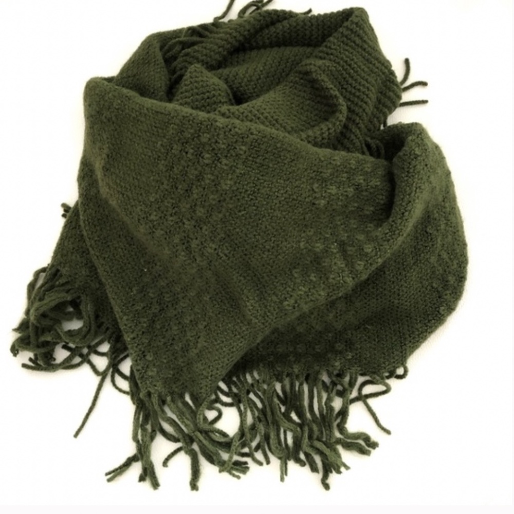 Olive Green Textured Infinity Scarf with Fringe